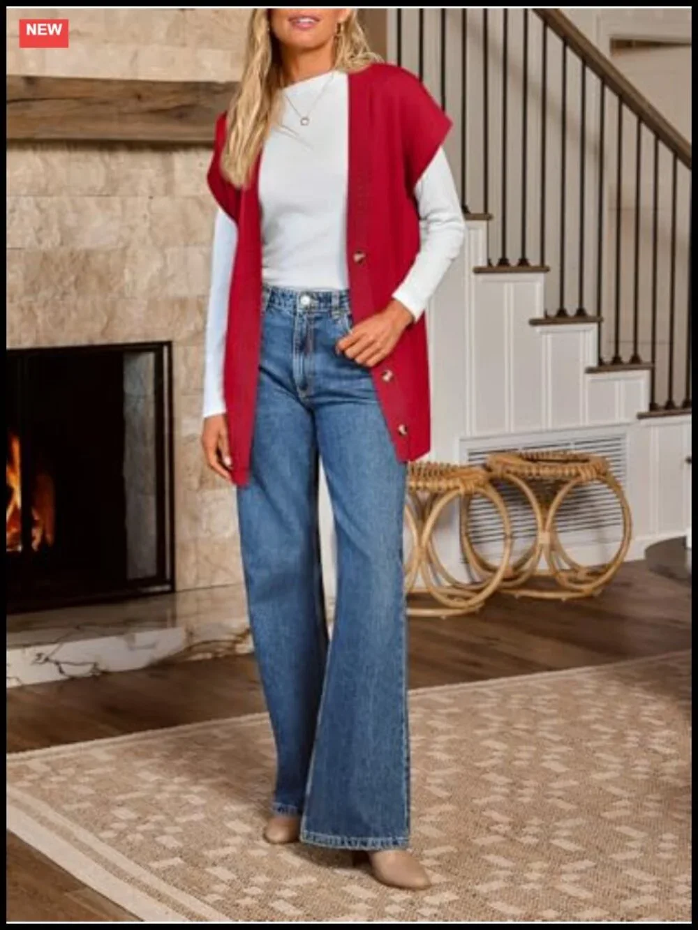 Oversized V-Neck Button-Up Sweater Vest Long Sleeveless Knit Cardigan